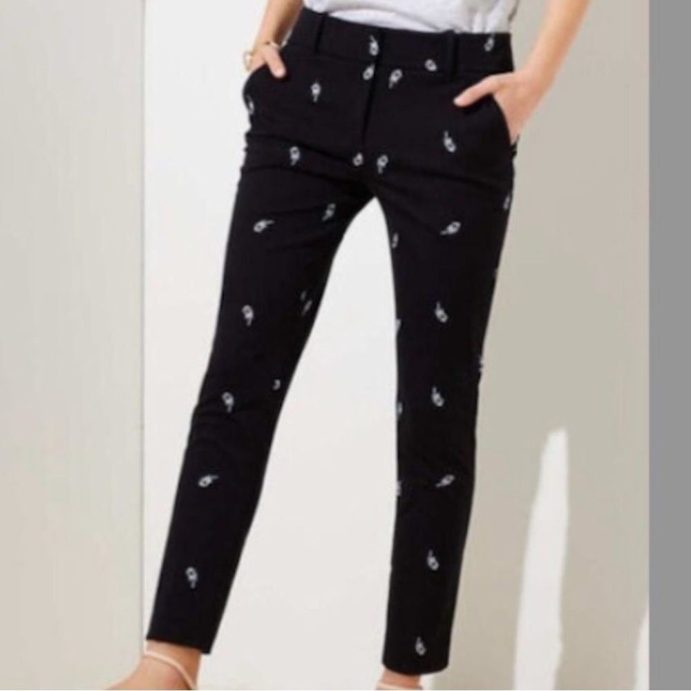 Loft: Navy ankle crop work pants with white flower embroidery